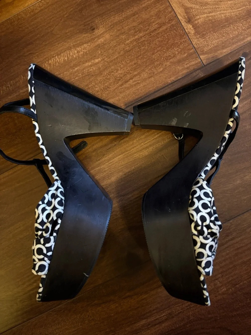 Coach Black & White Signature Platform T-Strap Sandals
